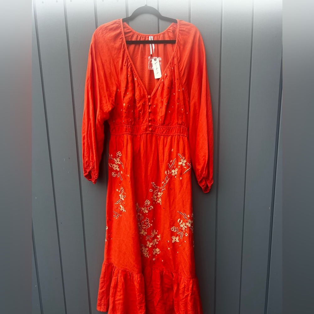 Anthropologie Coral Red Embroidered Maxi Dress - Picture 13 of 14